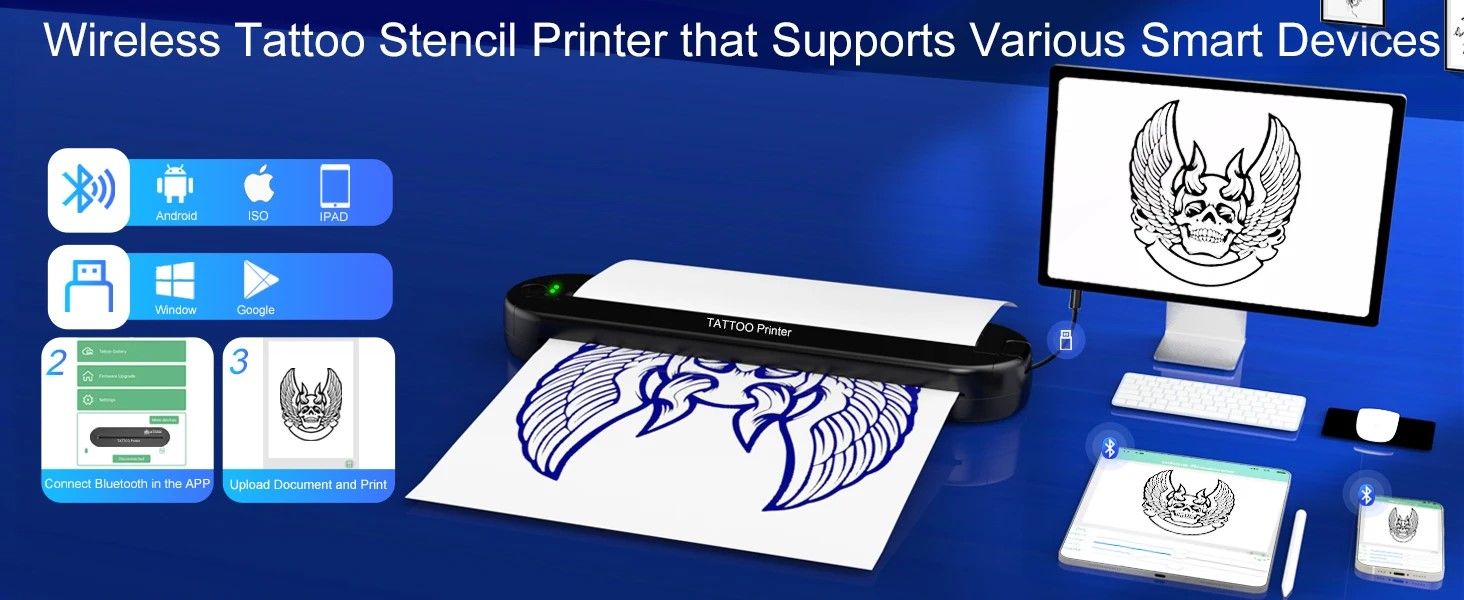 Wireless Tattoo Template Printer – Portable Tattoo Stencil Printer with 2000 mAh Battery & 15-Pack Transfer Paper