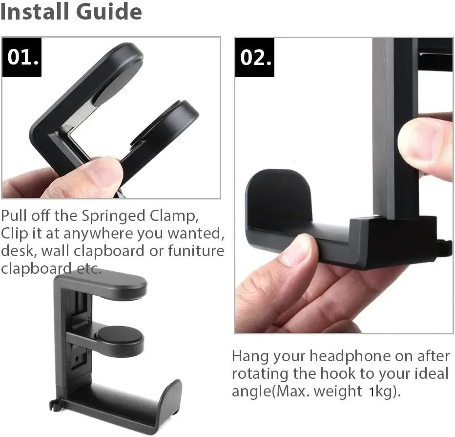 360° Rotating No-Drill Desk Headphone Hanger Clip - Under Desk Headset Holder & Multi-Purpose Hook