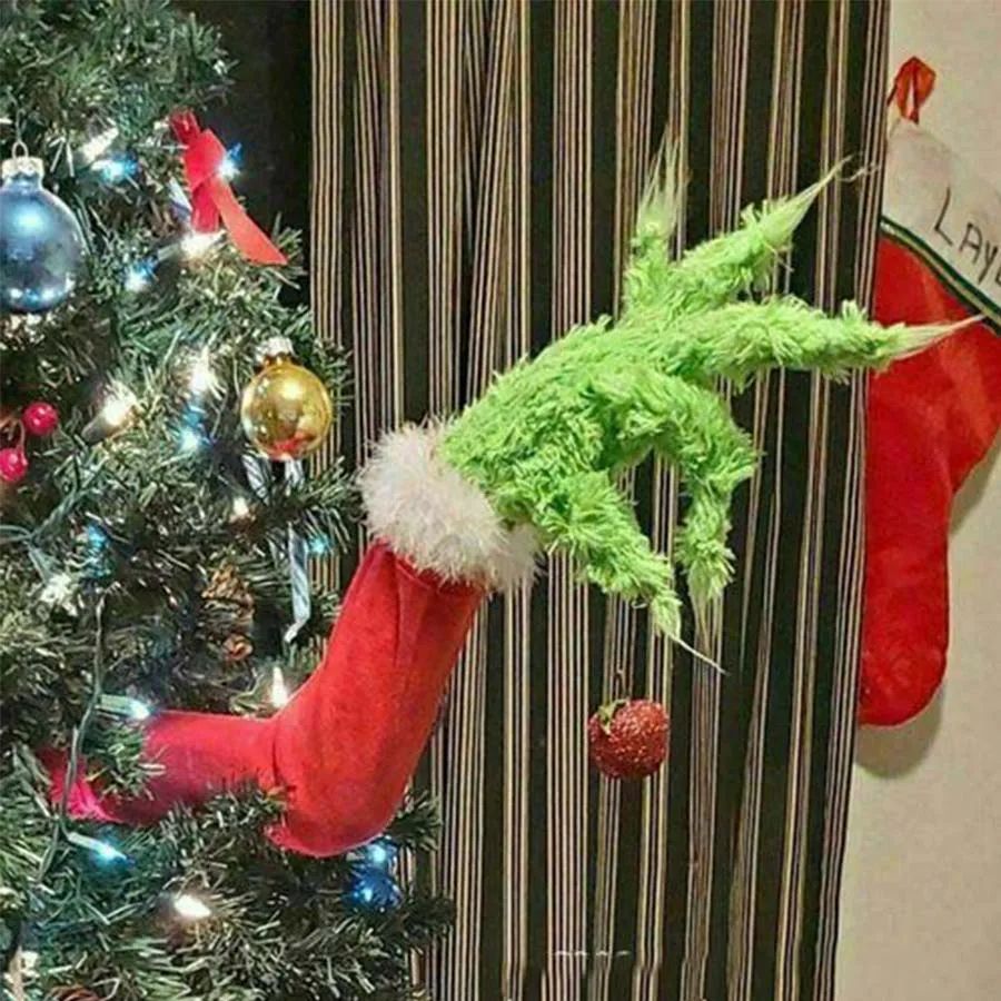 Funny Elf Tree Hugger Decoration Green Fur Monster Arm Doll Christmas Tree Ornament