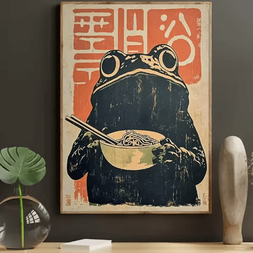 Retro Japanese Frog Ramen Canvas Art – Quirky Art Deco Wall Decor