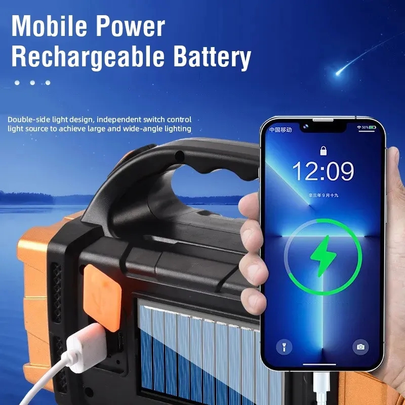 Solar Rechargeable Flashlight USB LED Camping Light With COB Work Light Power Bank