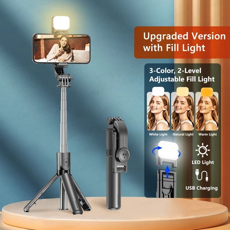 360 Degree Selfie Stick Tripod with Bluetooth Remote and Fill Light