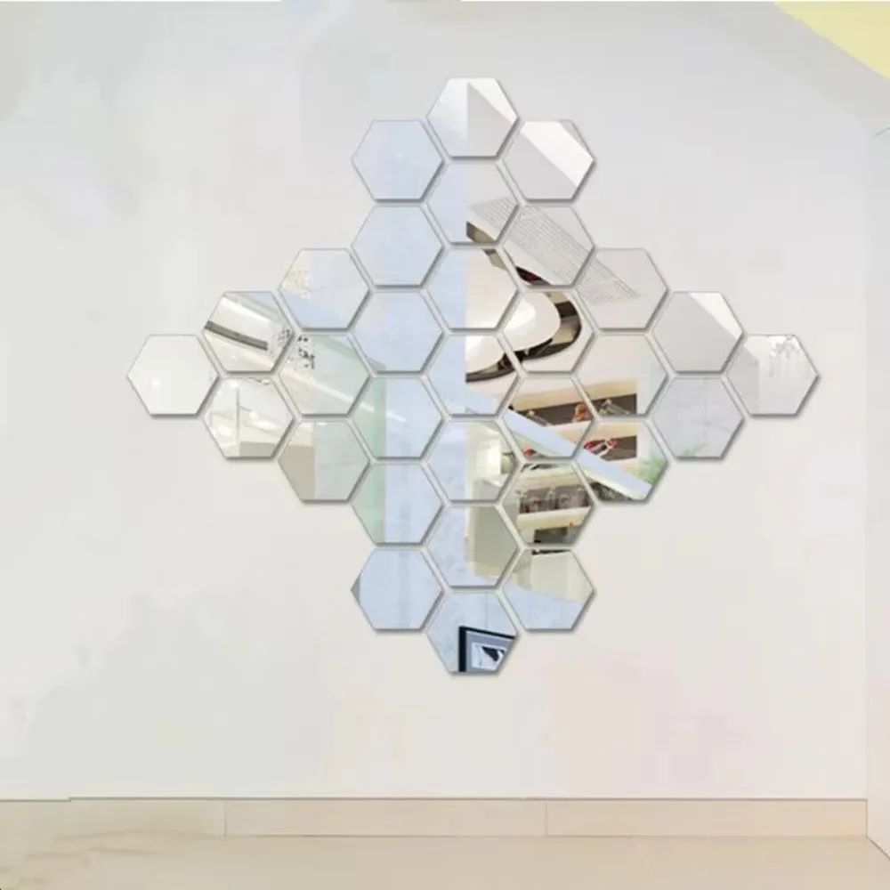 12-Piece Hexagon Mirror Wall Stickers – Acrylic Mirror Tiles for DIY Wall Decor