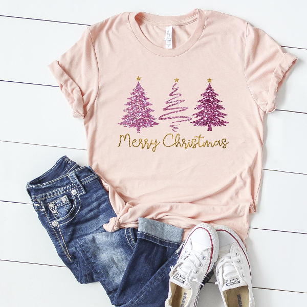 Faux Glitter Merry Christmas Tree Sweatshirt | Pink Sparkly Xmas Crewneck Women Aesthetic Holiday Pullover