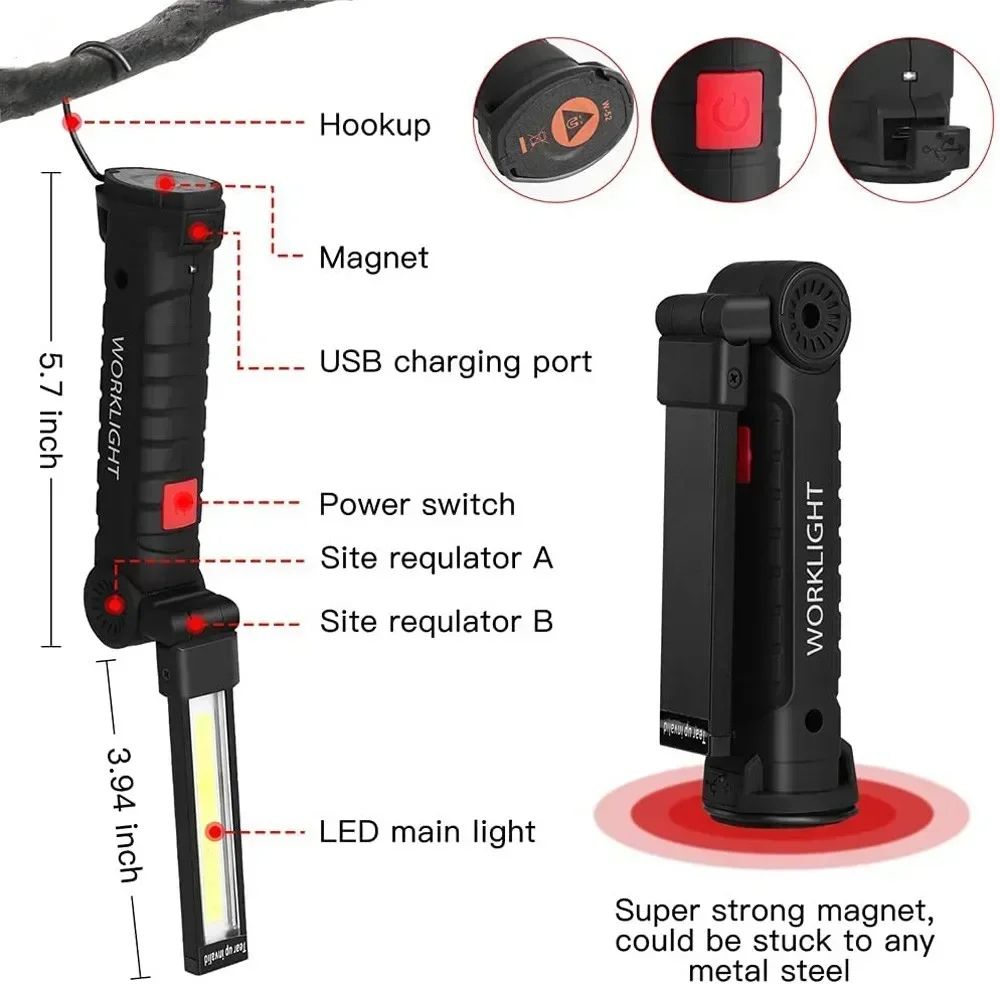 Rechargeable LED Work Light – Dimmable Inspection Torch with Magnetic Base & 18650 Battery