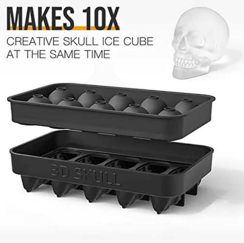 3D Skull Ice Cube Tray – 10-Cavity Silicone Skull Mold with Funnel for Whiskey & Baking