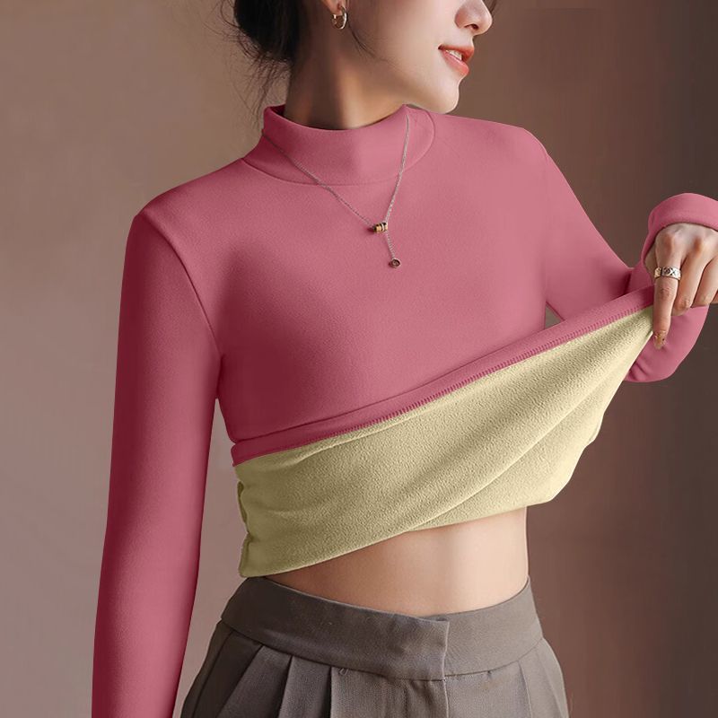 Thickened Velvet Lining Women's Sweater Autumn Winter Thermal Long-sleeved Bottoming Shirt