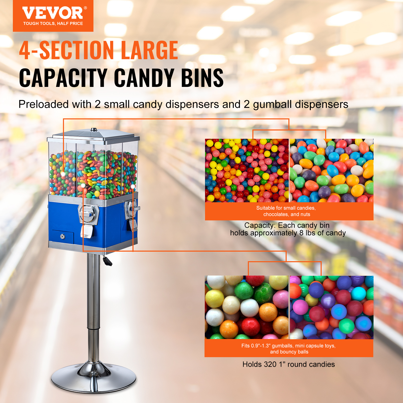 Rotatable Commercial Candy Vending Machine, Stand, Toy Capsules, Bouncy Balls, Nut Compartment