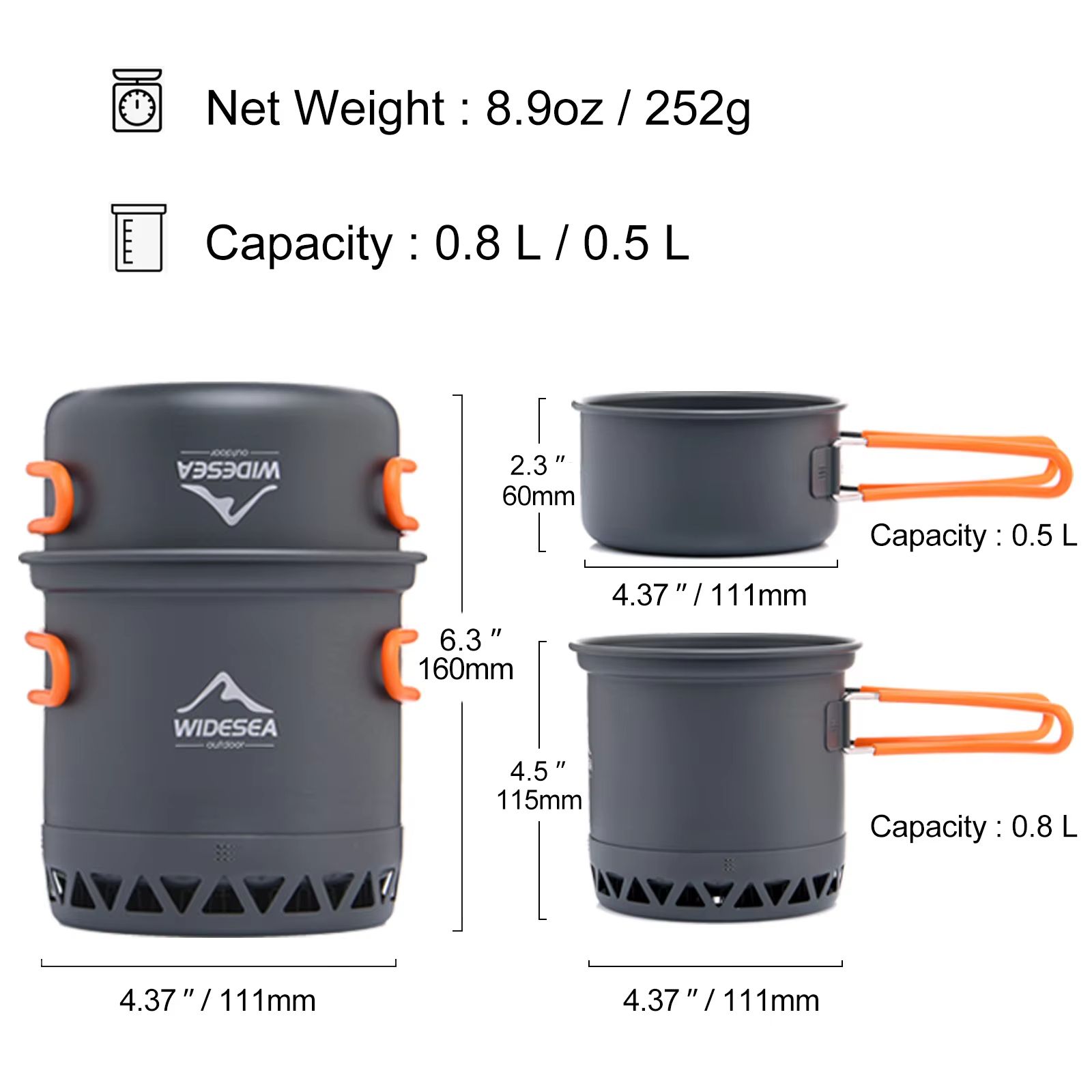 Widesea Camping Cookware Set 1.3L 2.3L Pot Kettle Lightweight Aluminum Heat Efficient Outdoor Cooking Kit