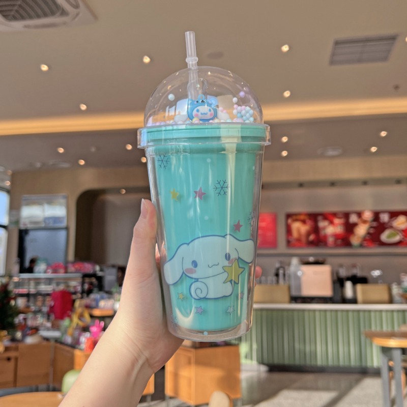 Creative Double Layer Drinking Cup, Large Capacity Plastic Straw Mug, Lid for Juice
