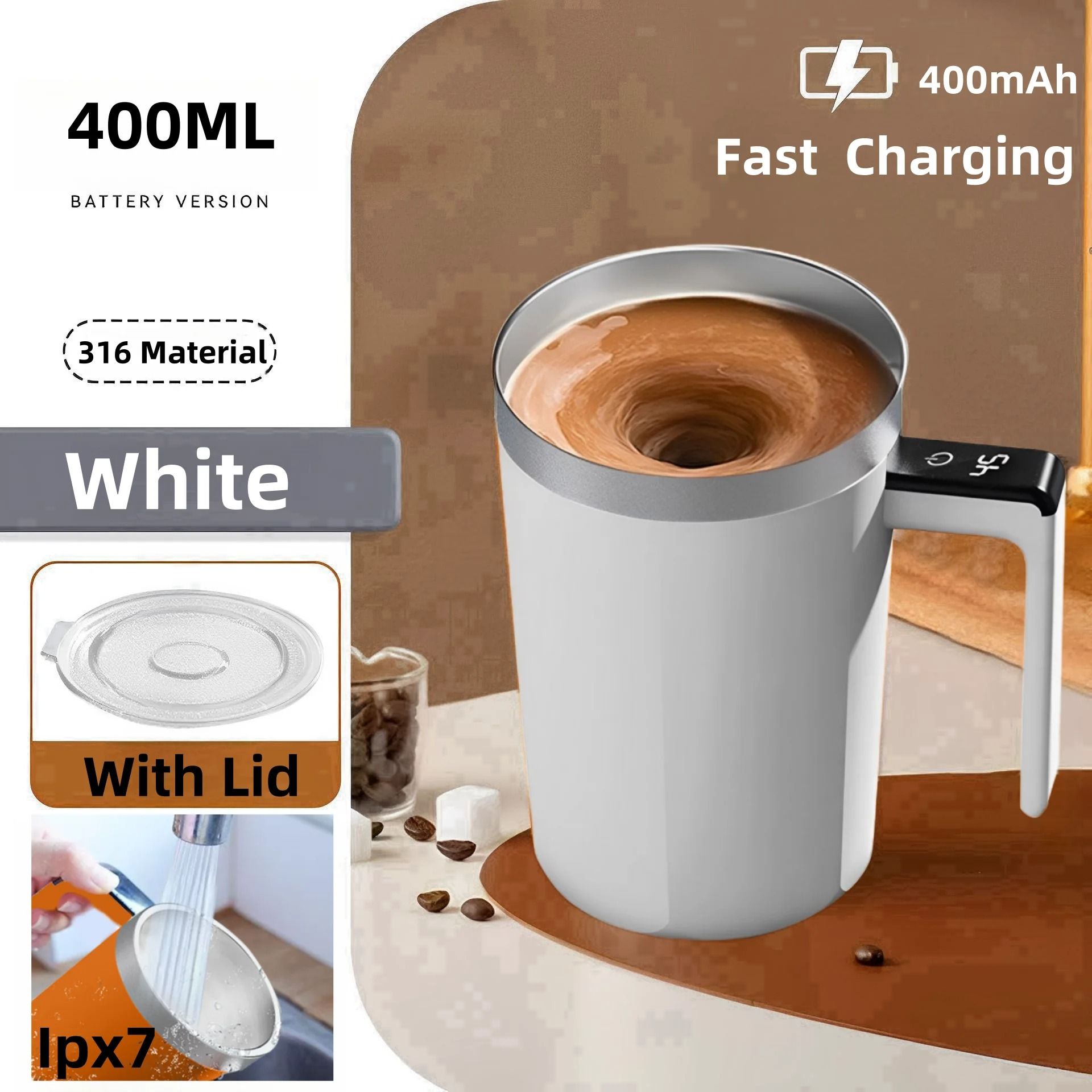 USB Rechargeable Self Mixing Coffee Mug with Magnetic Stirring and Spill Resistant Lid