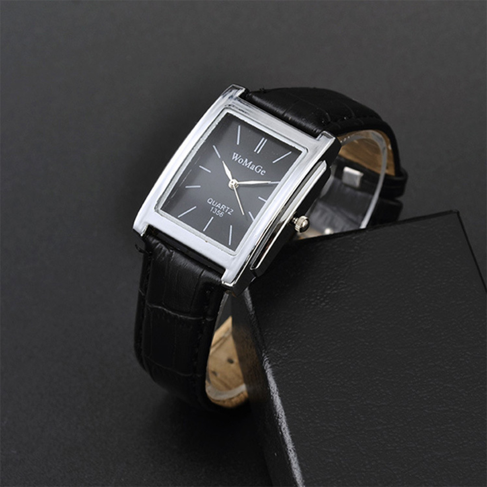 Luxury Quartz Clock, Men Square Watch, Black White Case, Leather Band for Women and Men