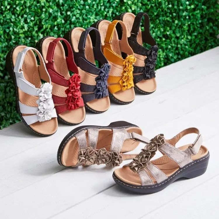 Womens Summer Wedge Sandals with Flower Detail and Orthopedic Sole