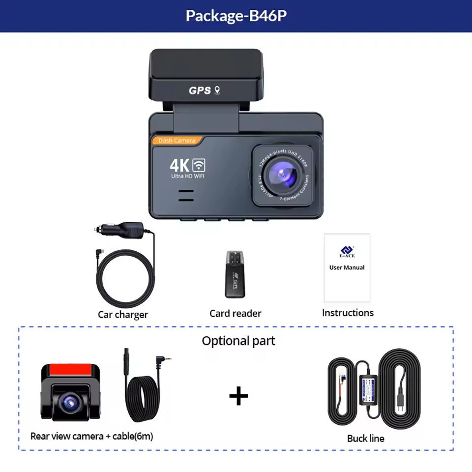 4K Dual Lens Dash Cam with GPS WiFi Night Vision Front and Rear Camera