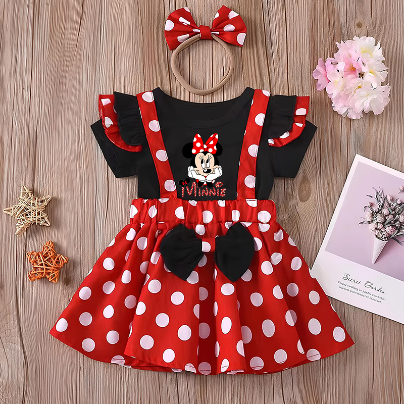 Minnie Mouse Girl Set, Summer Birthday Costume, Baby Clothing Set with Polka Dot Suspender Skirt and Bow Headband Skirt