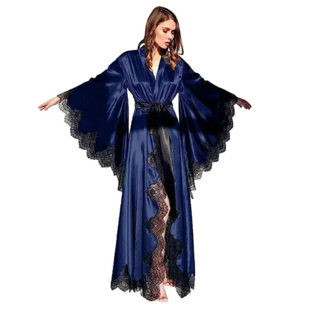 Black Silk Satin Women Robes Sleepwear, Kimono Pajamas, Lace Trim Wedding Dress, Long Pure Silk Bride Gown