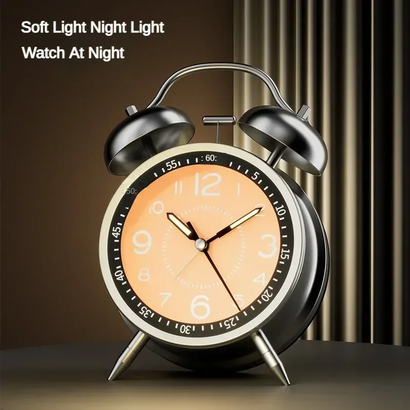 Twin Bell Loud Alarm Clock with Metal Frame and 3D Dial, Battery Operated Desk Table Clock with Backlight