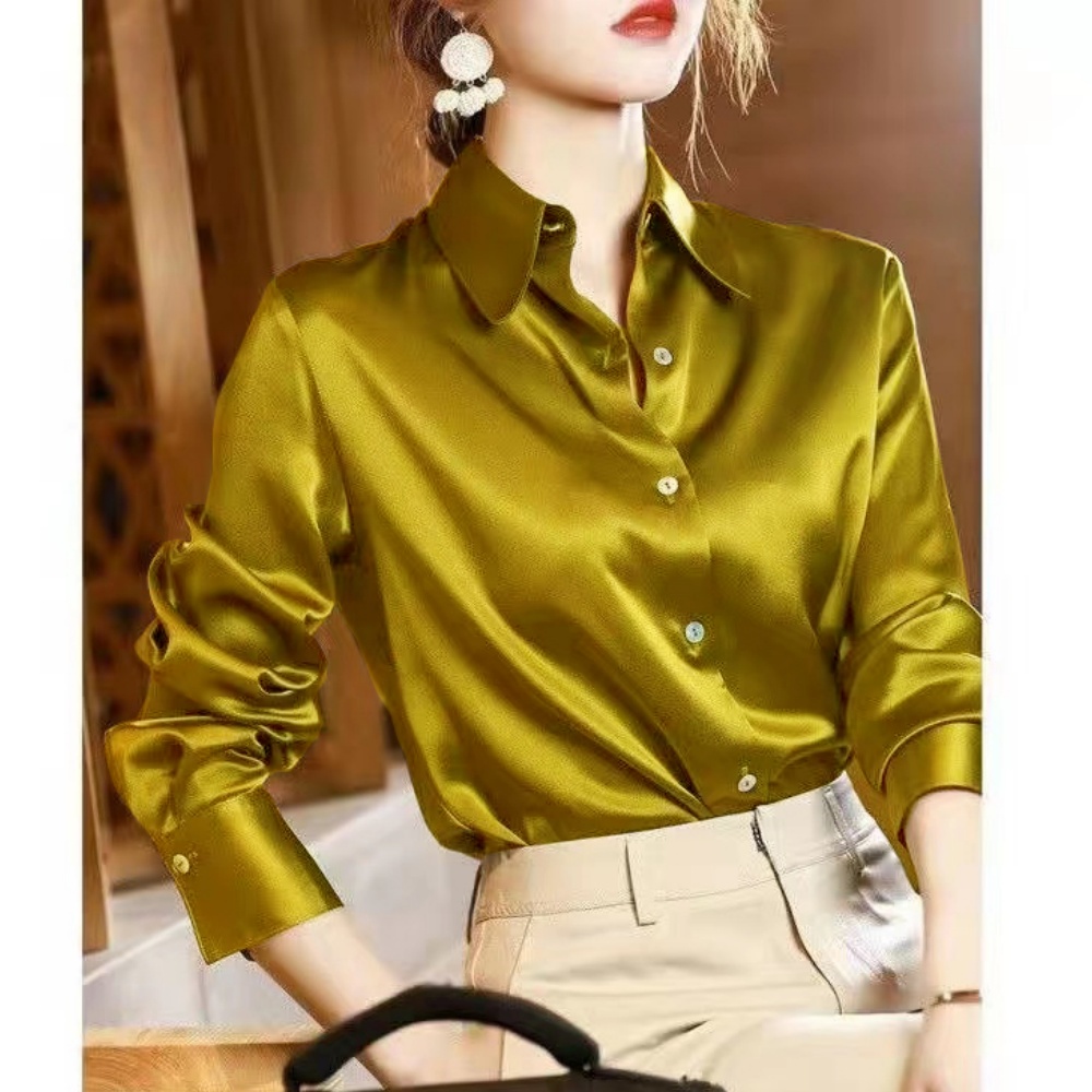 Casual Elegant Satin Long Sleeved Shirt for Office, Summer Trend Fashion Womens Shirts and Blouses, Slim Female Clothes