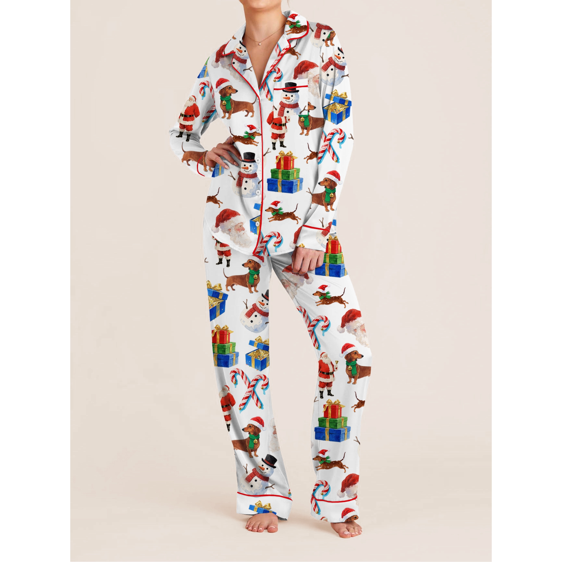 Christmas Women Pajama Set, Festive Long Sleeve Shirt and Pants, Cozy Holiday Sleepwear Loungewear with Bow, Dog