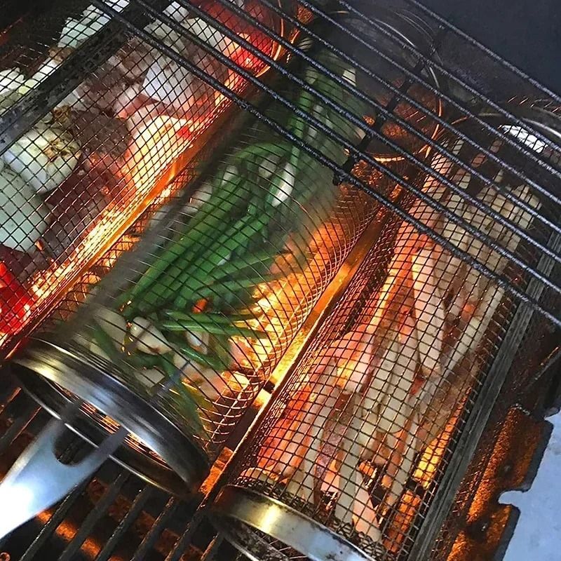 Circular Stainless Steel Rolling BBQ Basket – 360° Rotating Mesh Grill Cylinder