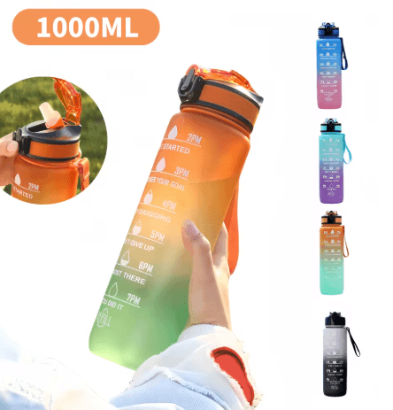 1000ml Gradient Motivational Sports Water Bottle Leak Proof Bottle with Bouncing Suction Nozzle for Gym andOutdoor Use