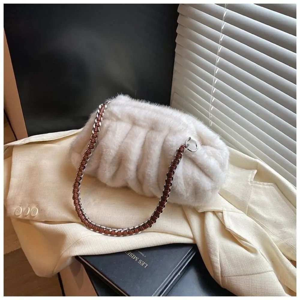 Trendy Soft Faux Fur Pleated Hobo Bag