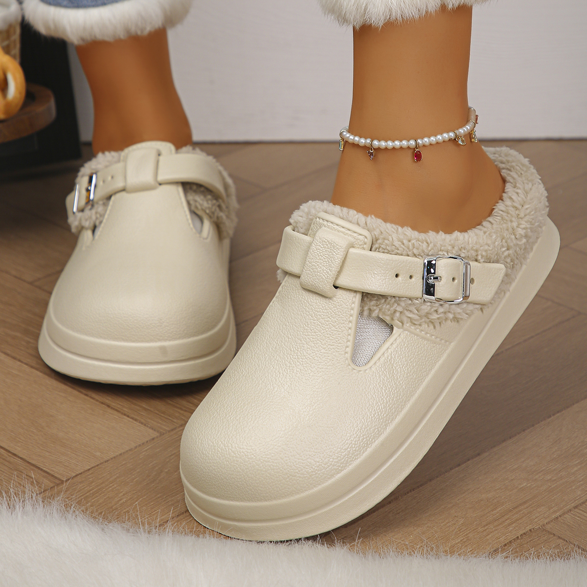 Women Waterproof Eva Furry Mules Slippers Winter Plush Non Slip Indoor Slides Metal Buckle Soft Thick Bottom