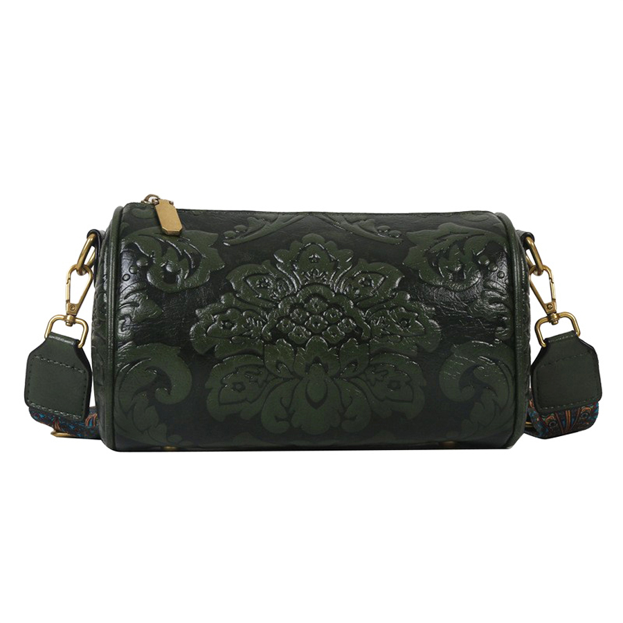 Fashionable Chinese Style Retro Womens Cylindrical Shoulder Crossbody Bag Embossed & Chic