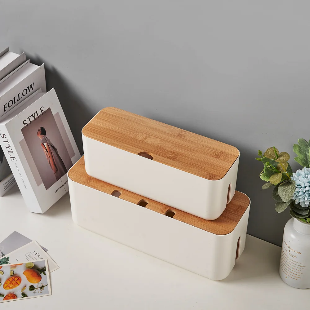 Bamboo Cable Management Box for Desk Clean Wire Organizer