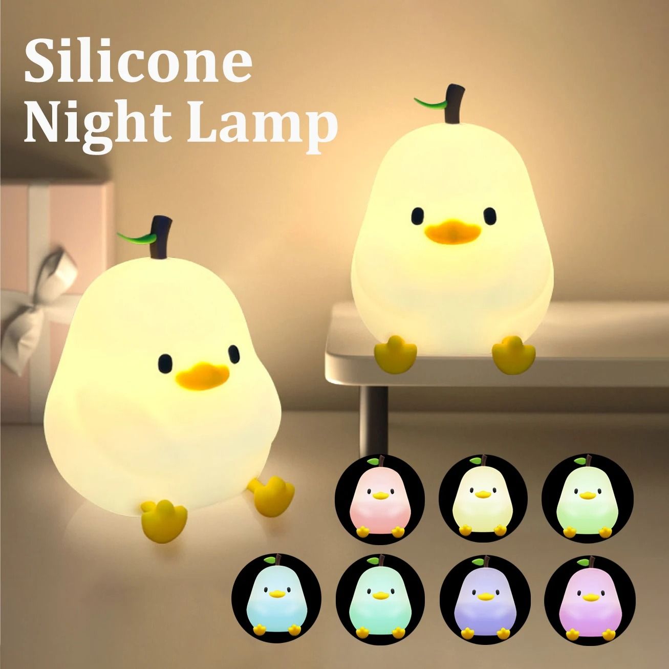 Cute Pear Night Light – 7-Color Dimmable Touch-Controlled Silicone Lamp & Stress-Reducing USB Rechargeable Decor