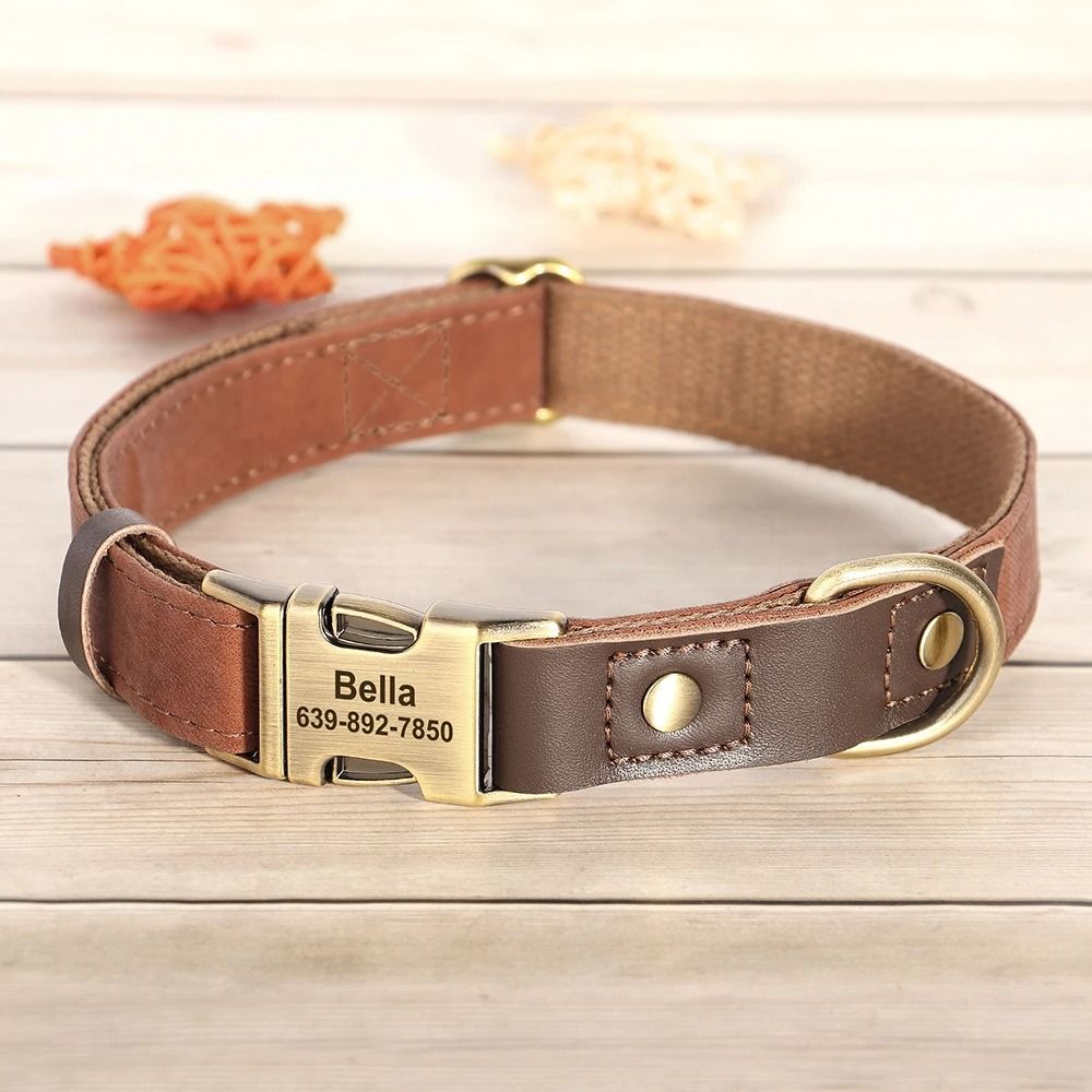 Custom Engraved PU Leather Dog Collar Adjustable ID Buckle