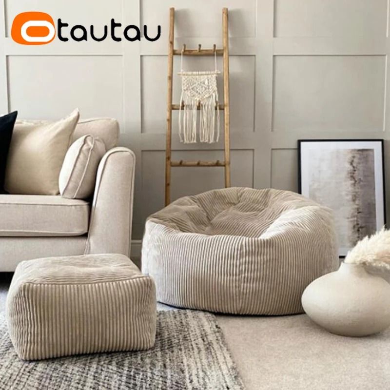 OTAUTAU Flannel Velvet Bean Bag Cover No Filler Pouf Ottoman