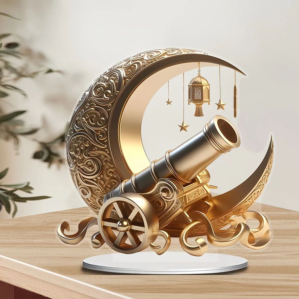 Moon & Lantern Acrylic Decor Stand – Ramadan Eid Desktop Ornament with Floral & Star Design