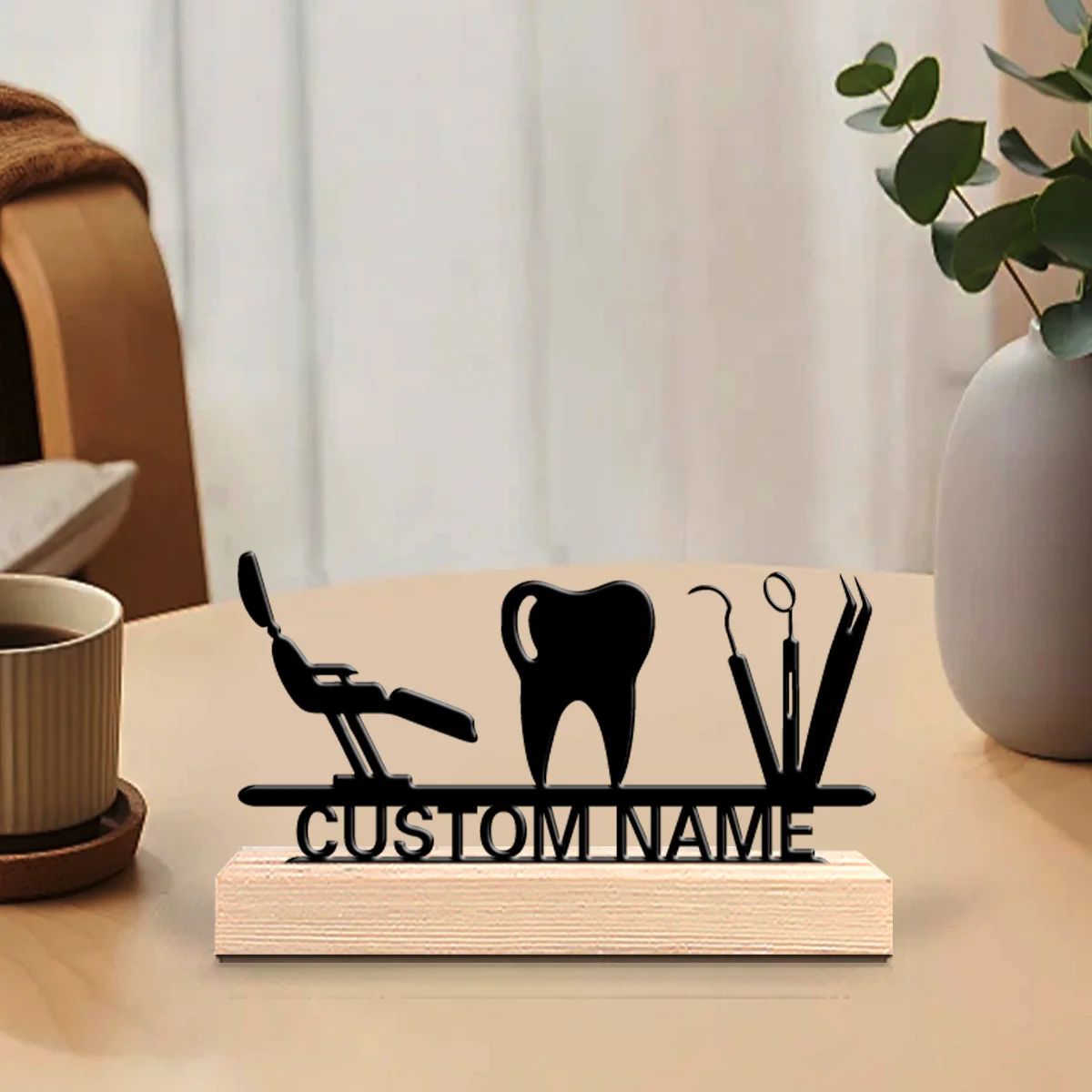 Custom Dentist Nameplate Metal Art with Wooden Base for Dental Office Decor