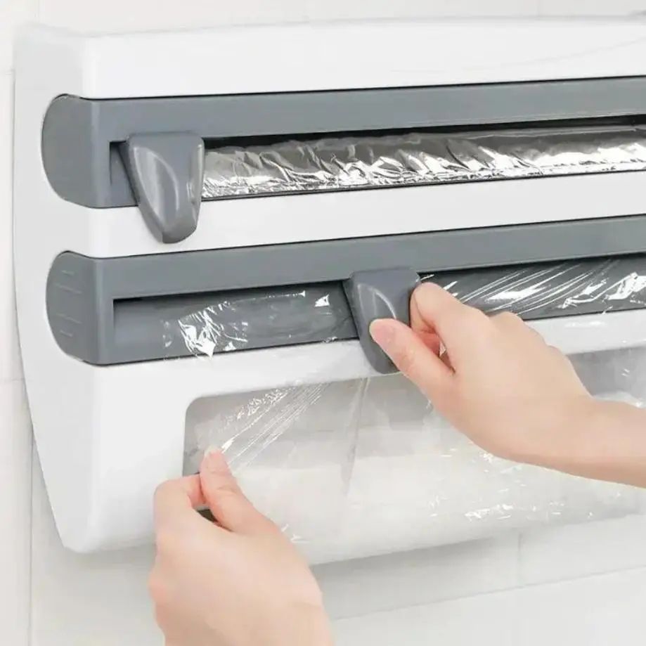 2-in-1 Wall Mounted Plastic Wrap Dispenser with Cutter – Cling Film Holder & Aluminum Foil Organizer