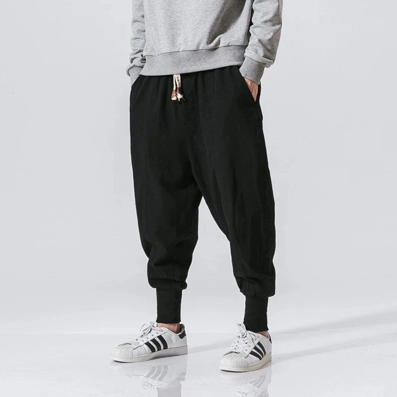 Men's Cotton Linen Harem Jogger Pants – Baggy Drop-Crotch Elastic Waist Casual Streetwear Trousers