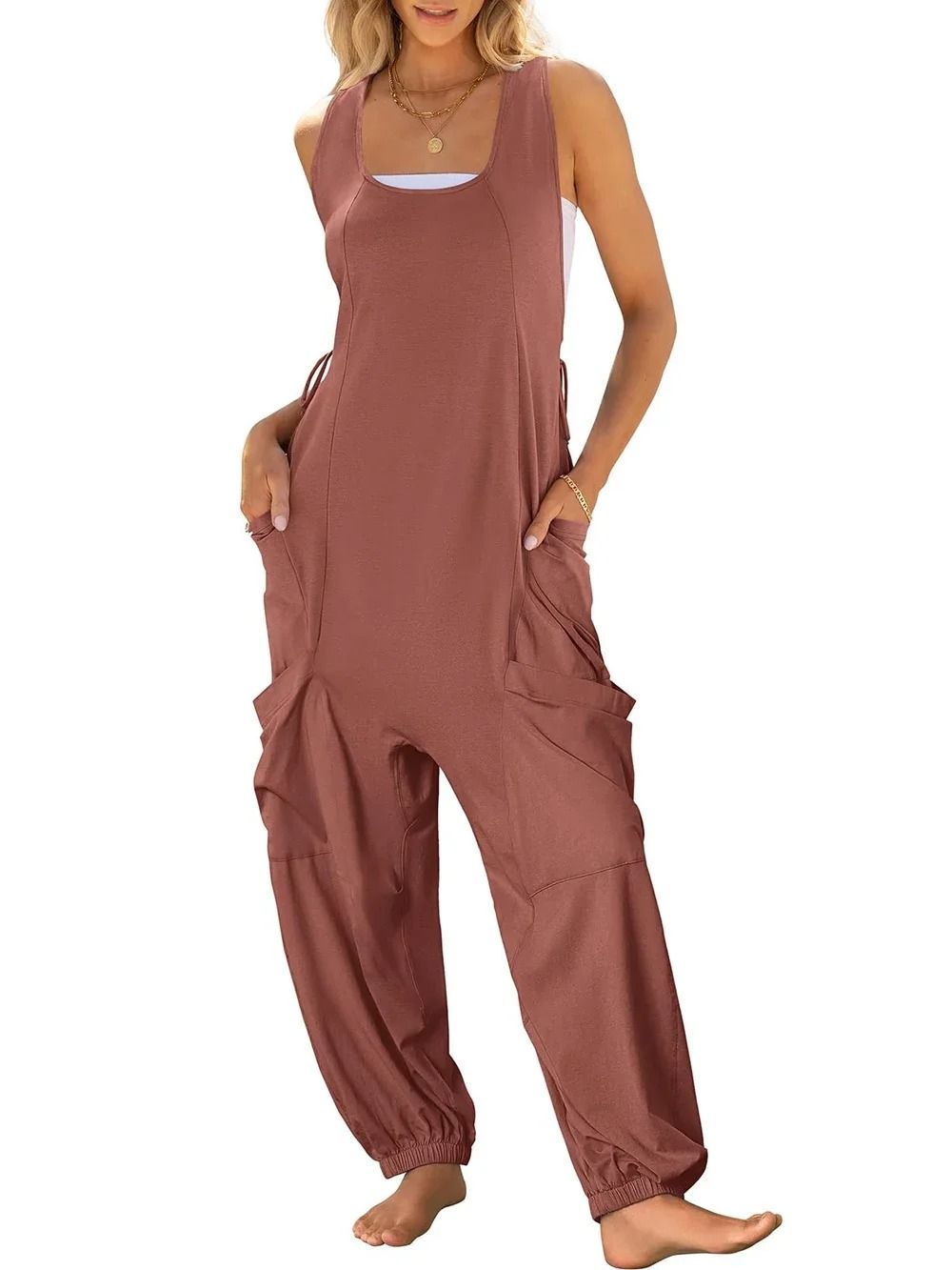 Casual Sleeveless Loose Harem Jumpsuit with Wide Leg Trousers