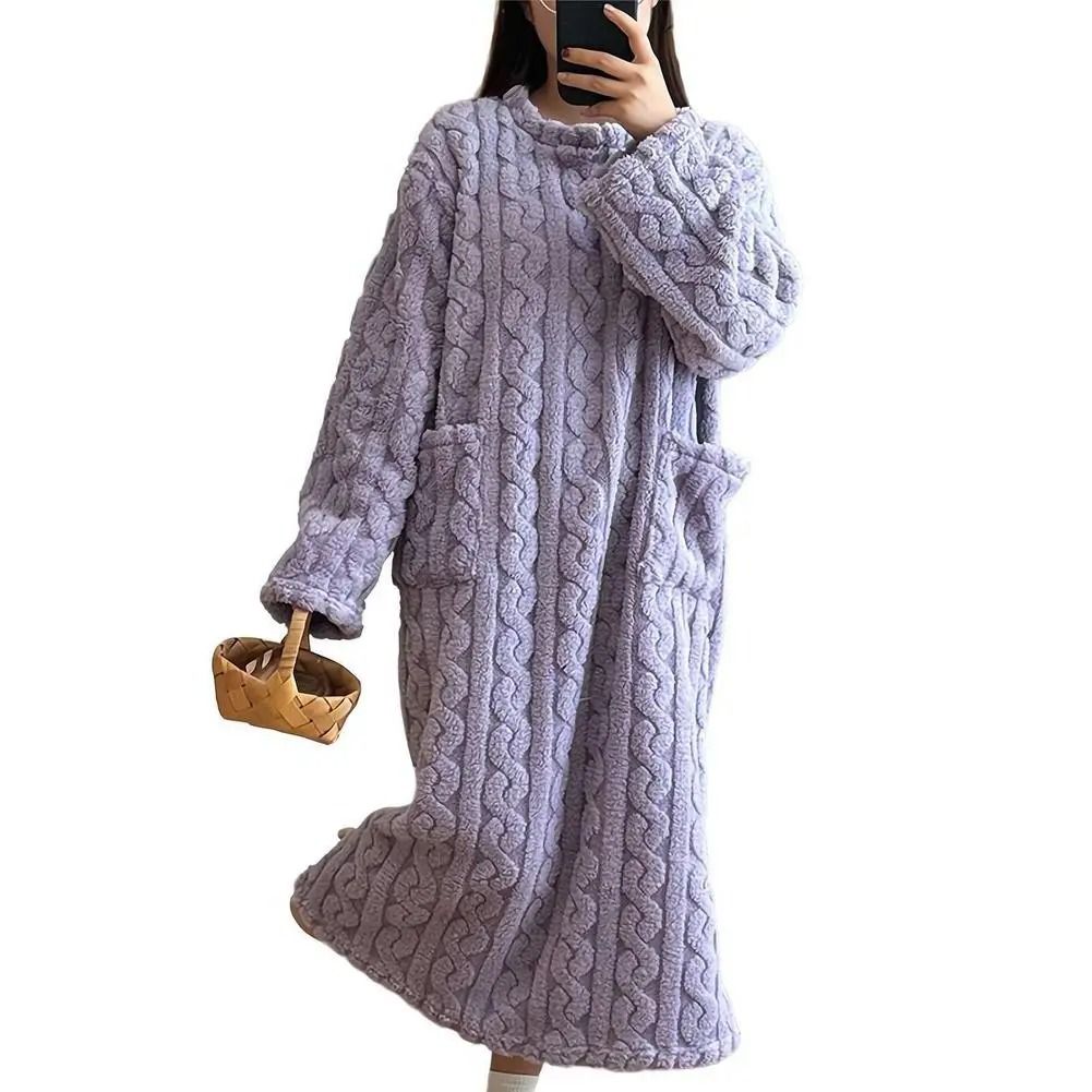 Women Winter Flannel Nightgown Long Sleeve Warm Sleepwear Dress