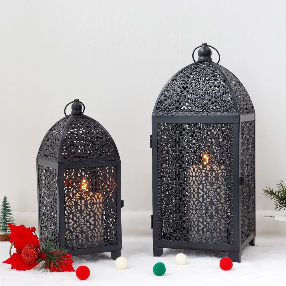 Black Metal Hanging Candle Lantern Set