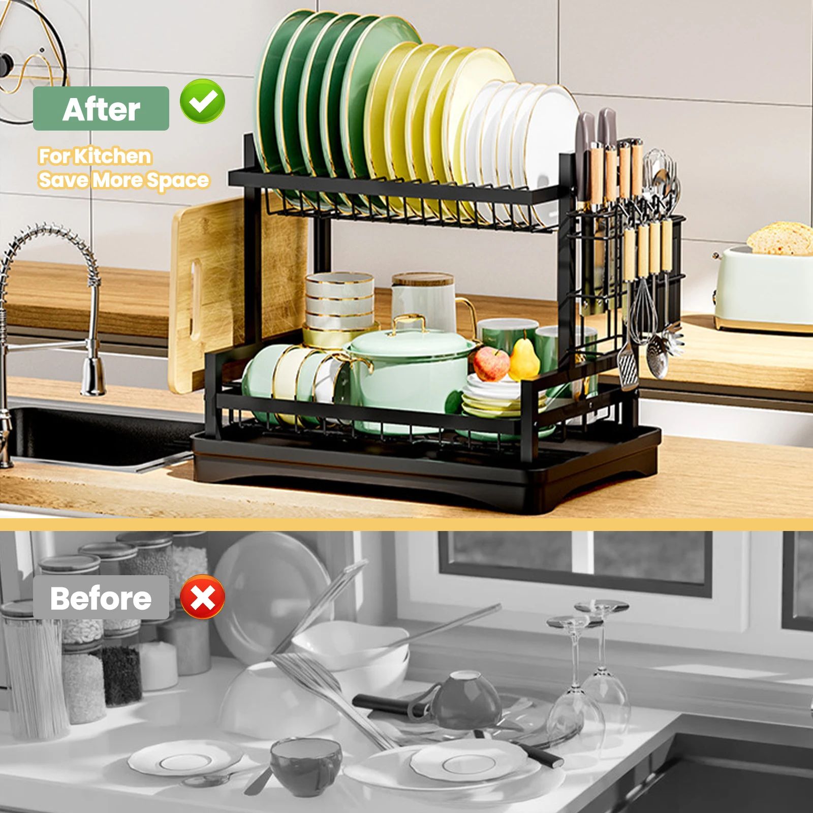 Rustproof Dish Drainer Rack, Utensils Holder & Drip Tray, Large Capacity Kitchen Drying Rack