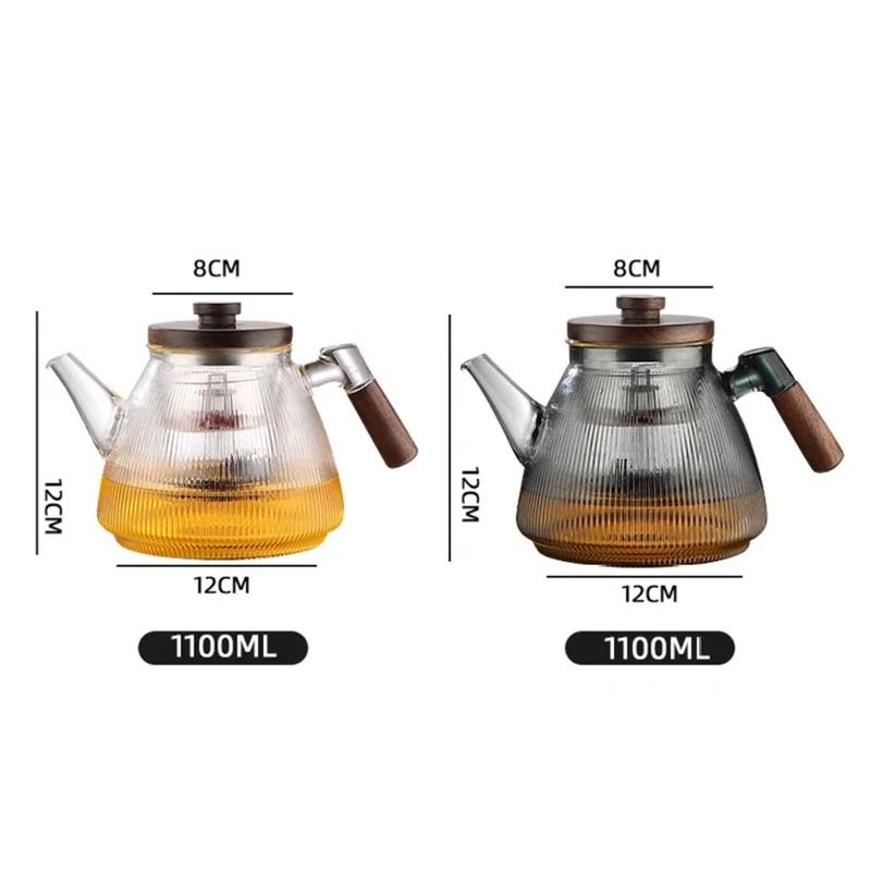 Stripe High Borosilicate Glass Teapot Walnut Handle