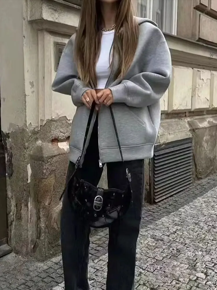 Women's Autumn Gray Jacket, Hooded Long Sleeve Coat, Loose Fit Casual Outerwear with Big Pockets