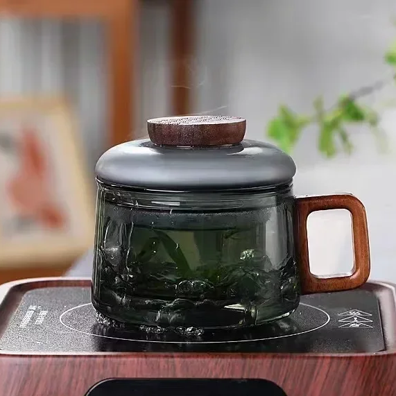 High Borosilicate Glass Teacup, Glass Tea Cup with Filter and Wooden Handle, Home Office Tea Separation Mug, Kung Fu Tea