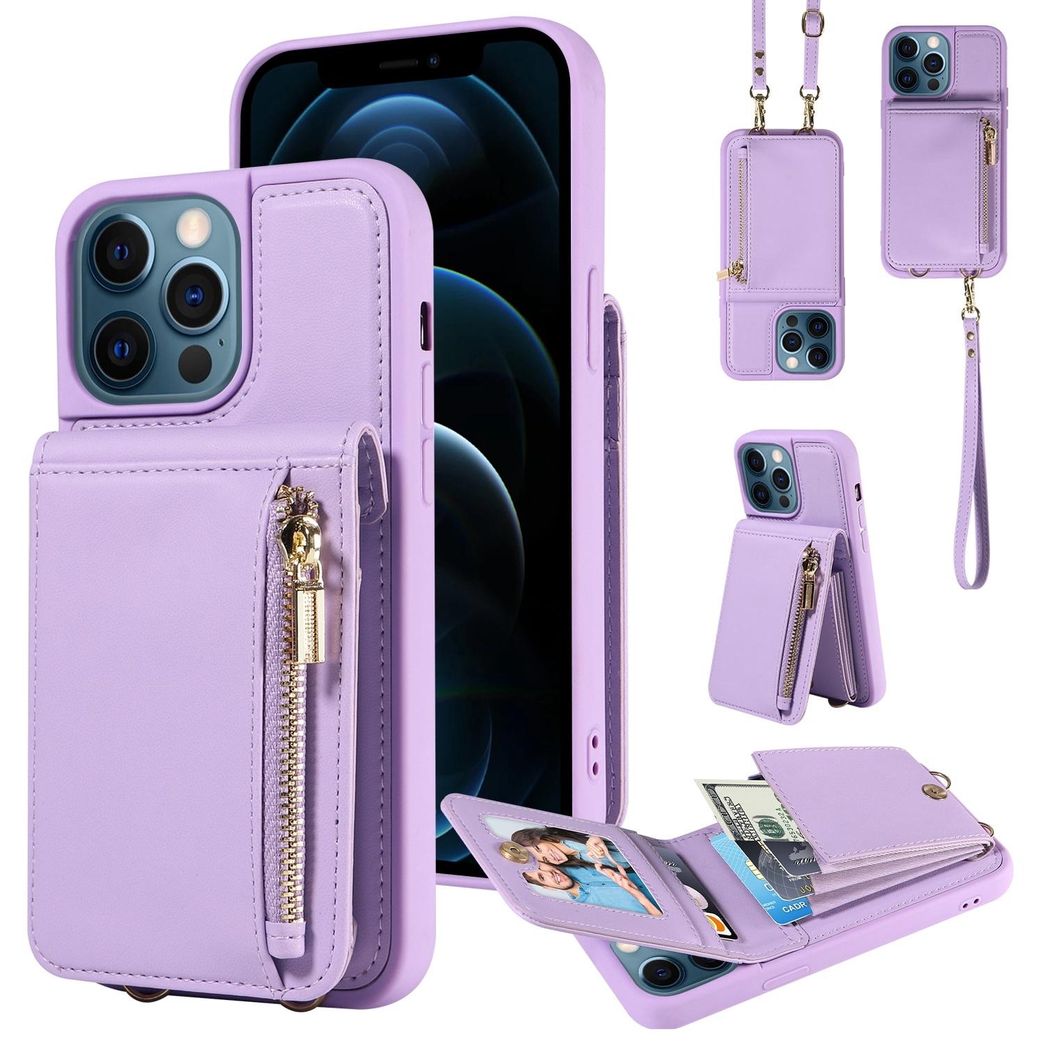 Leather Crossbody iPhone Wallet Case with Zipper Pocket & Lanyard Strap