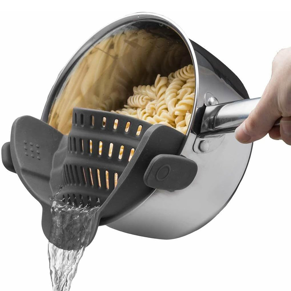 Pasta Noodle Strainer Colander, Silicone Kitchen Strainer Clip On, Pots and Pans Drain Rack