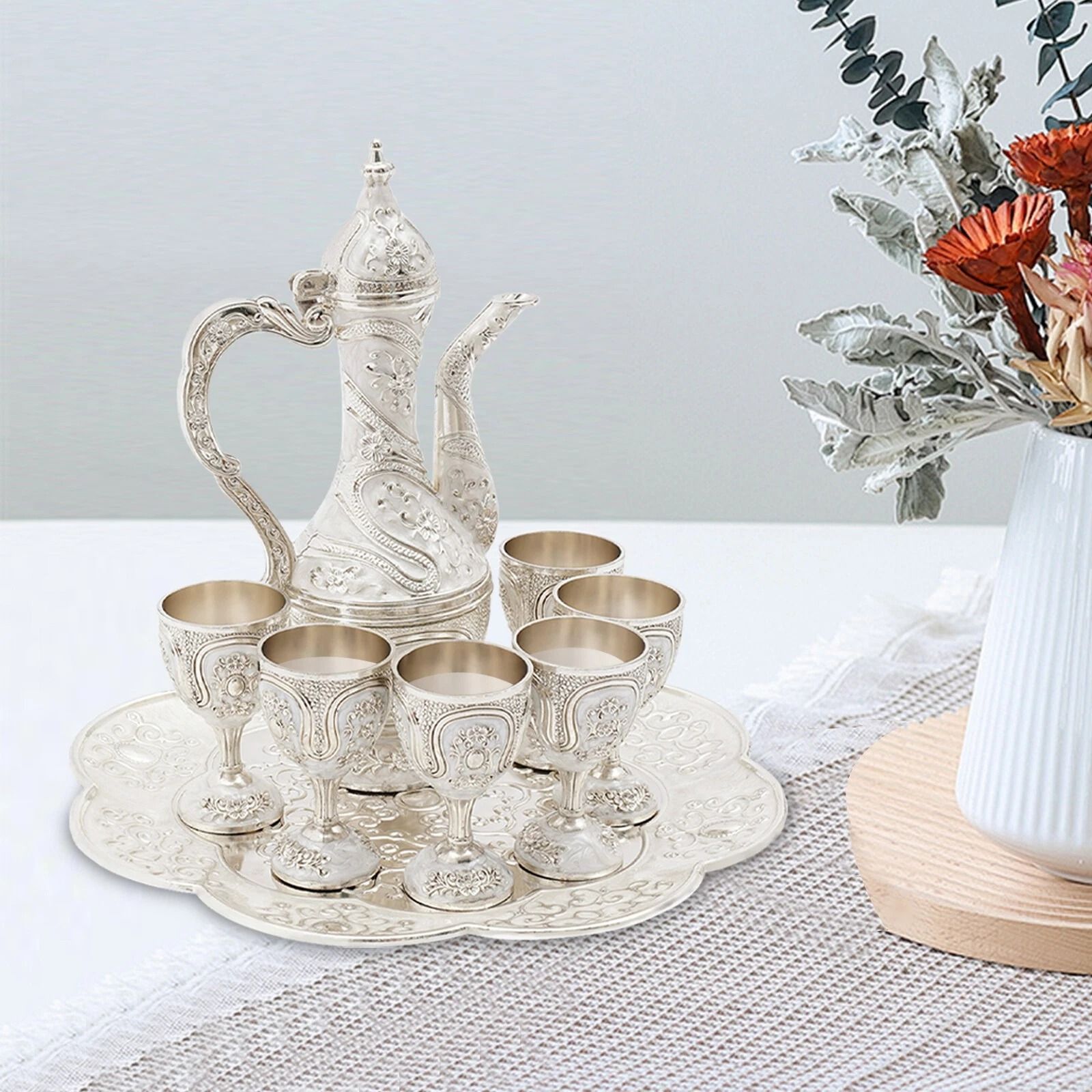 Zinc Alloy Vintage Teapot Set with Tray, Cups, Tea, Coffee, Wine Serving Set