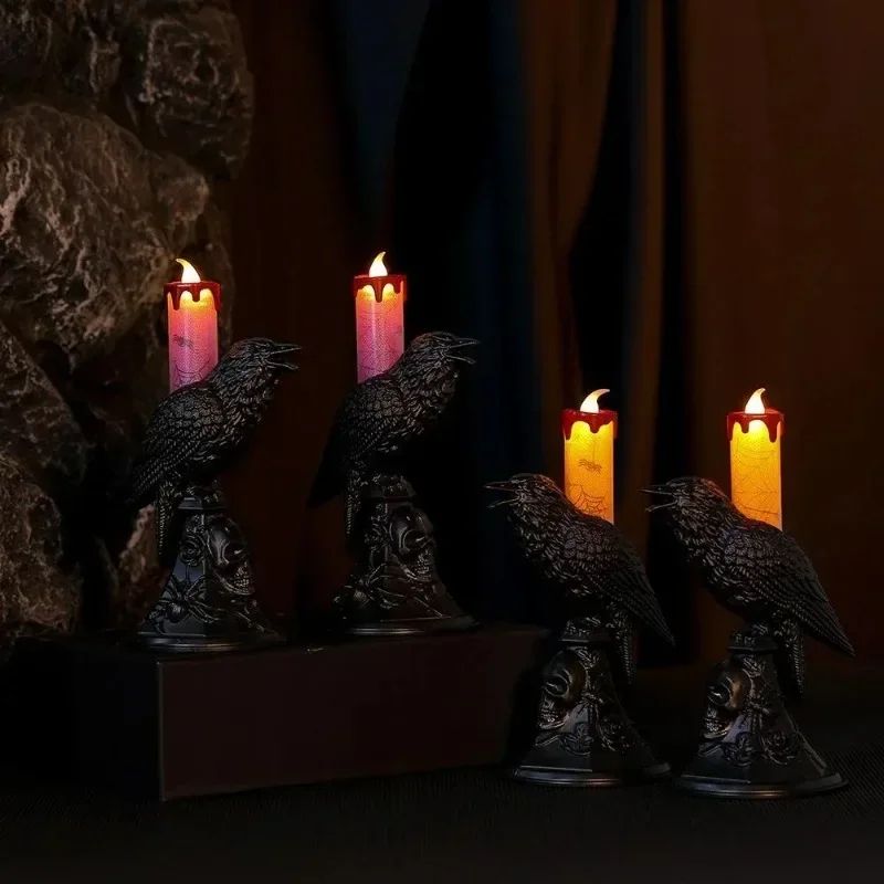 Glowing Black Crow Candlestick – LED Candle Halloween Gothic Table Decor