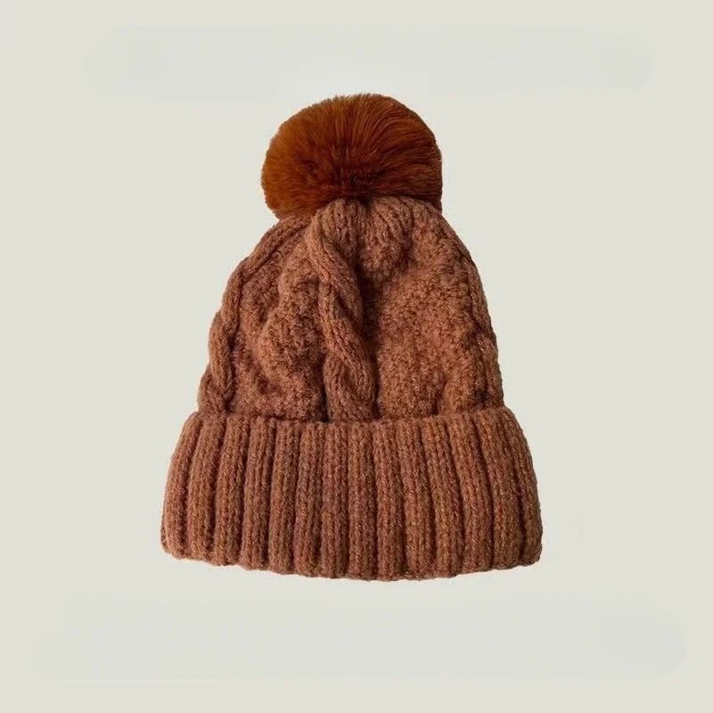 Winter Knit Beanie Hat with Fur Pompom Warm Velvet Lined Cap