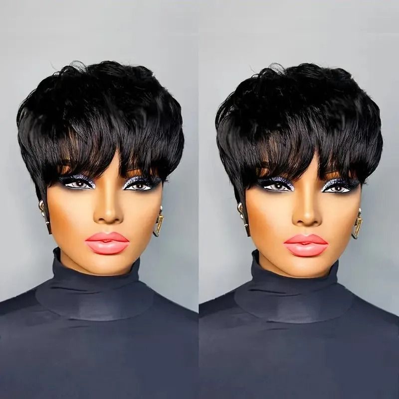 Pixie Cut Human Hair Wig with Bangs Short Bob Layered Brazilian Wig for Women