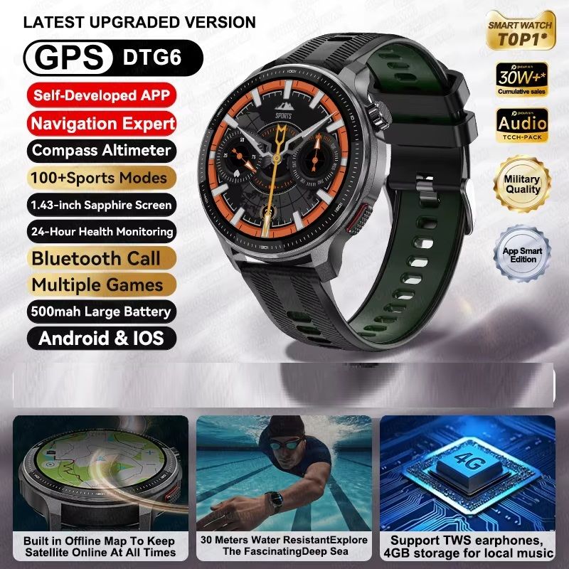 Smart Watch with Offline Maps, GPS Music Player & 10ATM Waterproof Fitness Tracker